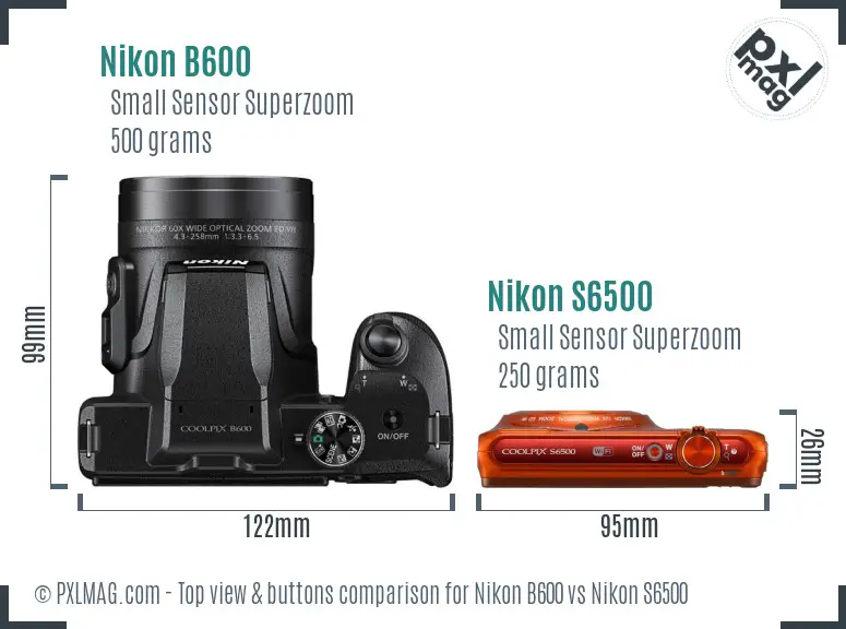 Nikon B600 vs Nikon S6500 top view buttons comparison