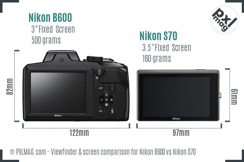 Nikon B600 vs Nikon S70 Screen and Viewfinder comparison