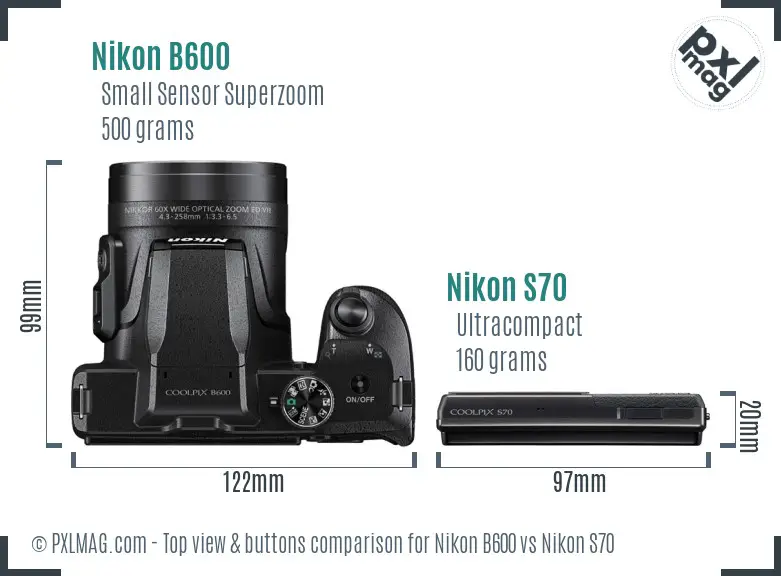 Nikon B600 vs Nikon S70 top view buttons comparison