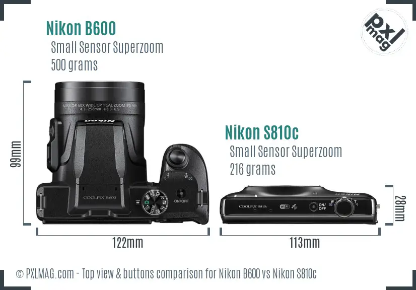 Nikon B600 vs Nikon S810c top view buttons comparison