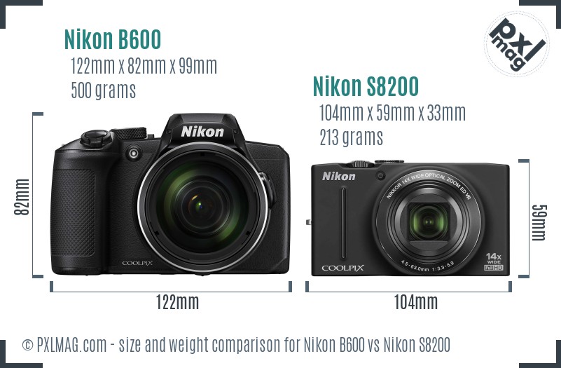 Nikon B600 vs Nikon S8200 size comparison