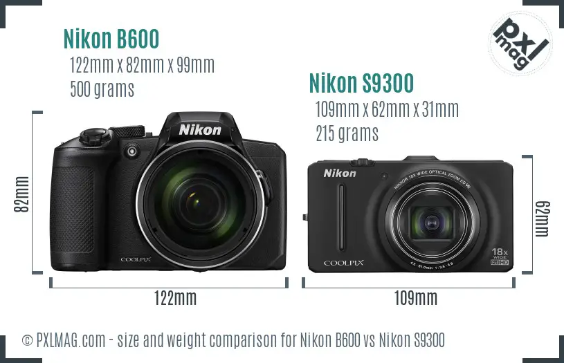 Nikon B600 vs Nikon S9300 size comparison