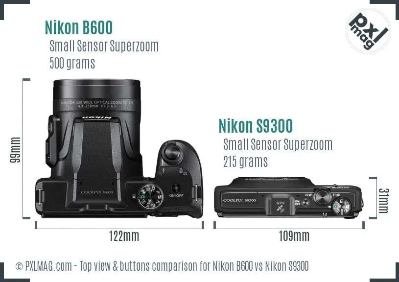 Nikon B600 vs Nikon S9300 top view buttons comparison
