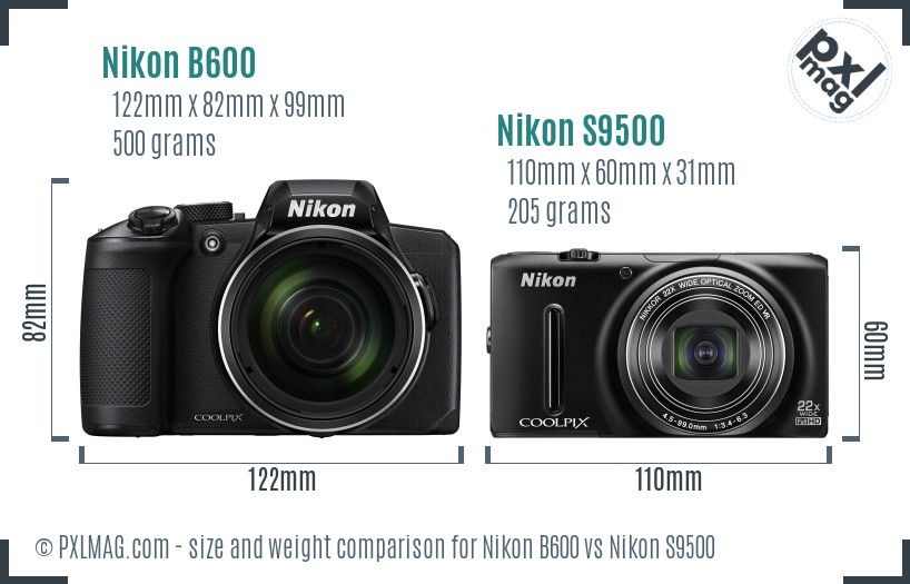 Nikon B600 vs Nikon S9500 size comparison
