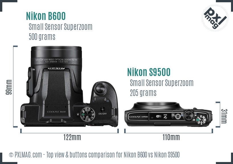 Nikon B600 vs Nikon S9500 top view buttons comparison