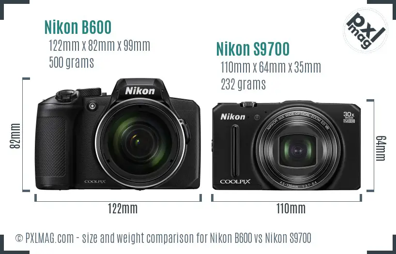 Nikon B600 vs Nikon S9700 size comparison
