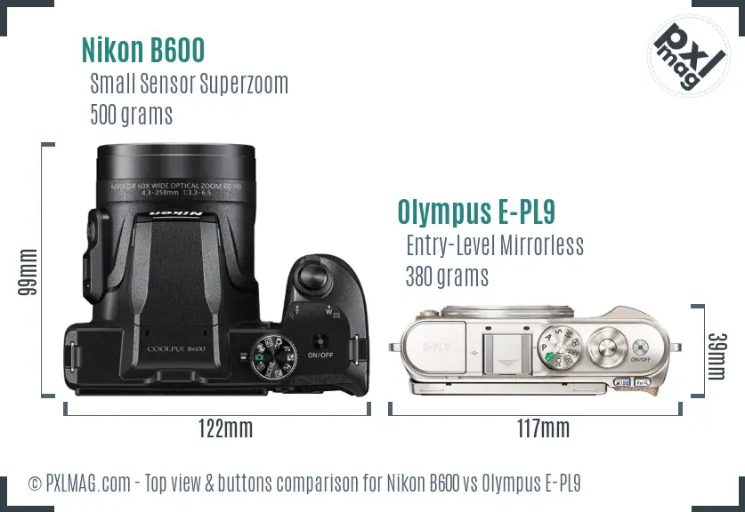 Nikon B600 vs Olympus E-PL9 top view buttons comparison