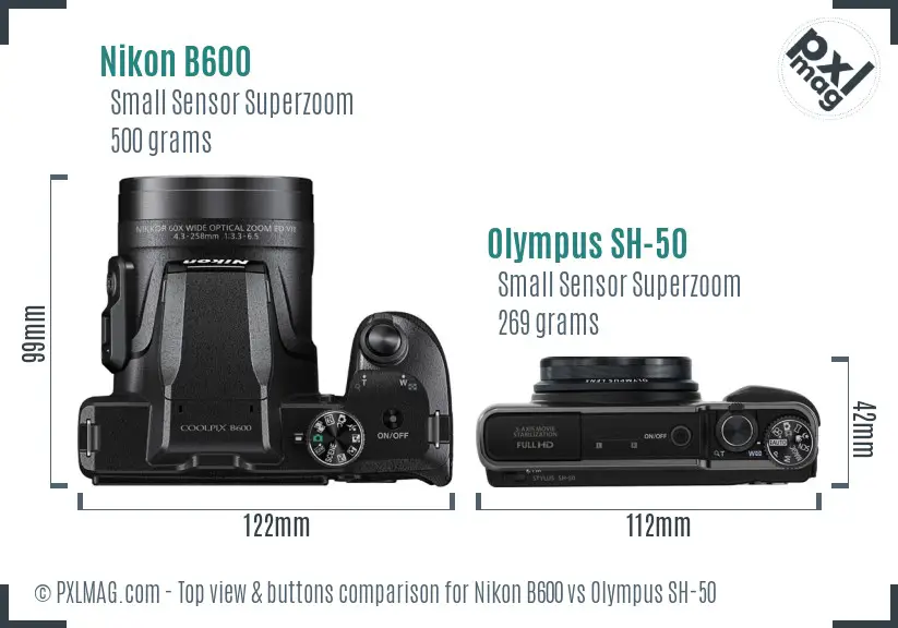 Nikon B600 vs Olympus SH-50 top view buttons comparison