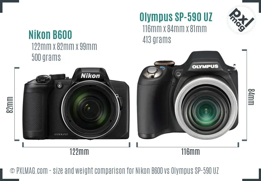 Nikon B600 vs Olympus SP-590 UZ size comparison