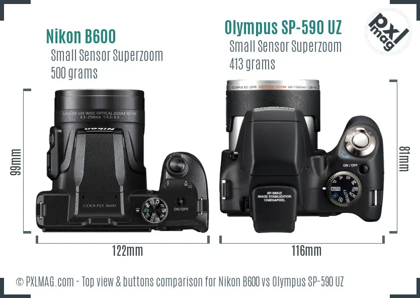 Nikon B600 vs Olympus SP-590 UZ top view buttons comparison