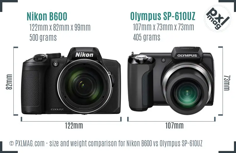 Nikon B600 vs Olympus SP-610UZ size comparison