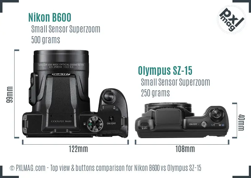 Nikon B600 vs Olympus SZ-15 top view buttons comparison