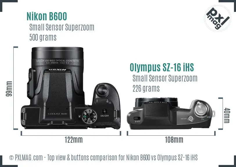 Nikon B600 vs Olympus SZ-16 iHS top view buttons comparison Nikon B600 vs Olympus SZ-16 iHS top view buttons comparison