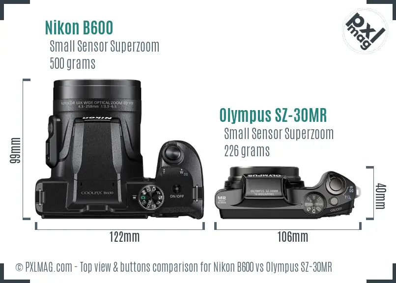 Nikon B600 vs Olympus SZ-30MR top view buttons comparison