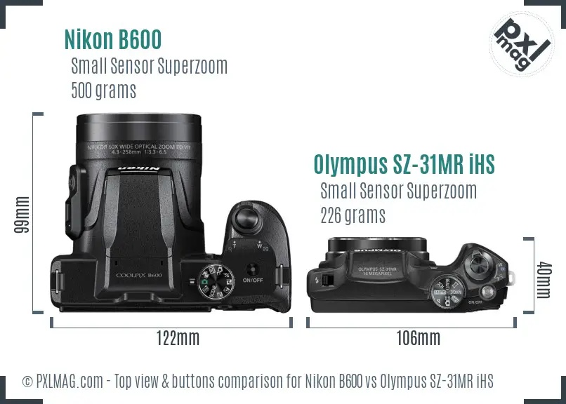 Nikon B600 vs Olympus SZ-31MR iHS top view buttons comparison