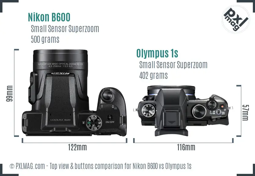 Nikon B600 vs Olympus 1s top view buttons comparison