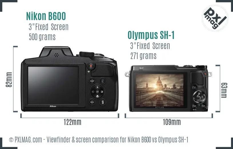 Nikon B600 vs Olympus SH-1 Screen and Viewfinder comparison