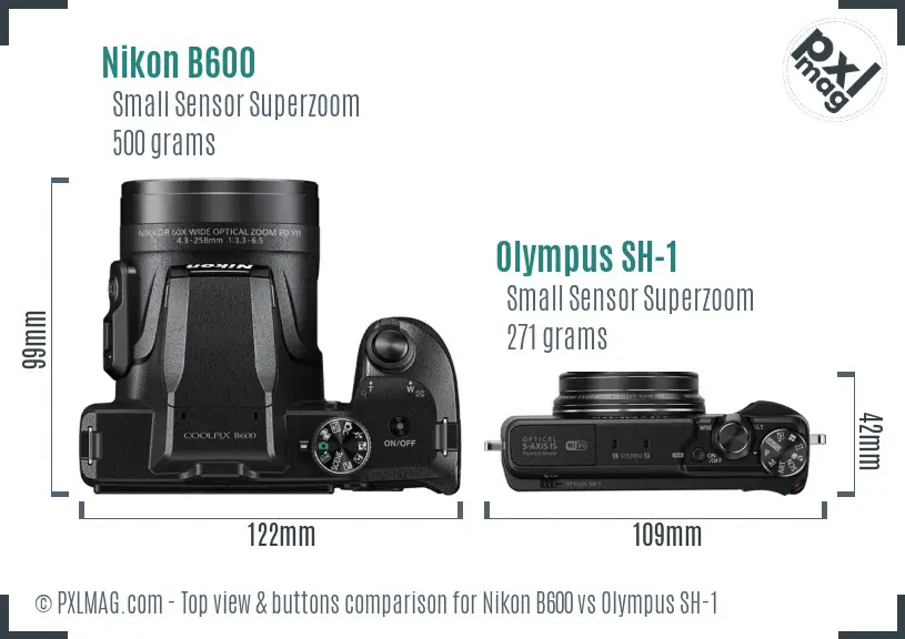 Nikon B600 vs Olympus SH-1 top view buttons comparison