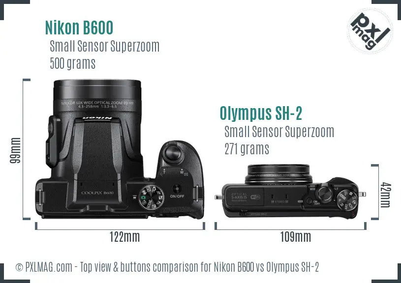 Nikon B600 vs Olympus SH-2 top view buttons comparison Nikon B600 vs Olympus SH-2 top view buttons comparison