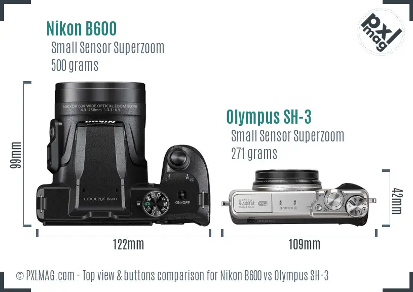 Nikon B600 vs Olympus SH-3 top view buttons comparison