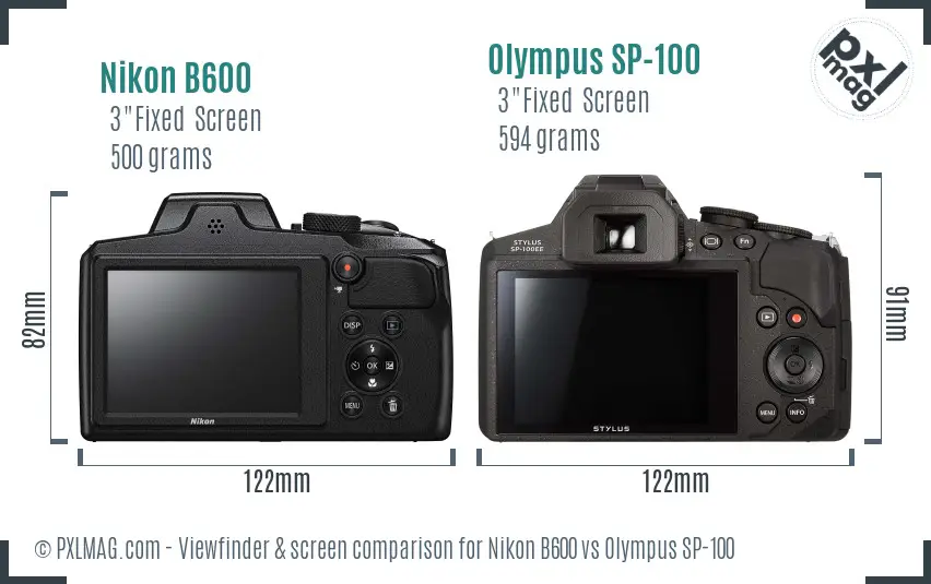 Nikon B600 vs Olympus SP-100 Screen and Viewfinder comparison