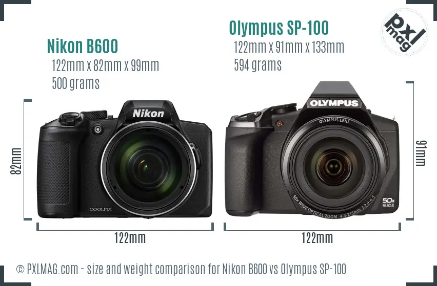 Nikon B600 vs Olympus SP-100 size comparison