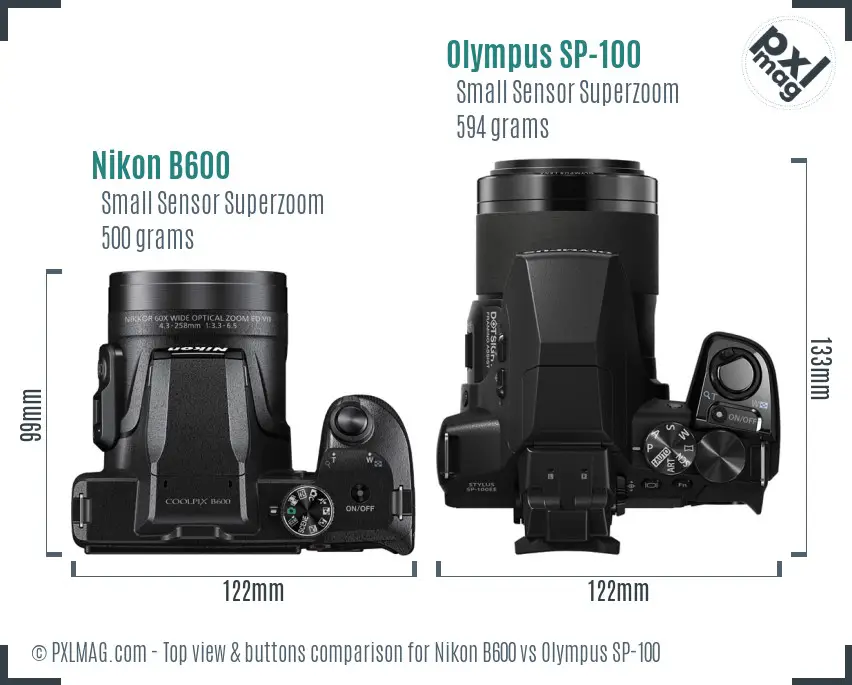 Nikon B600 vs Olympus SP-100 top view buttons comparison