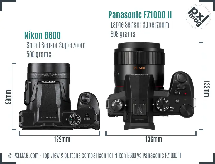 Nikon B600 vs Panasonic FZ1000 II top view buttons comparison