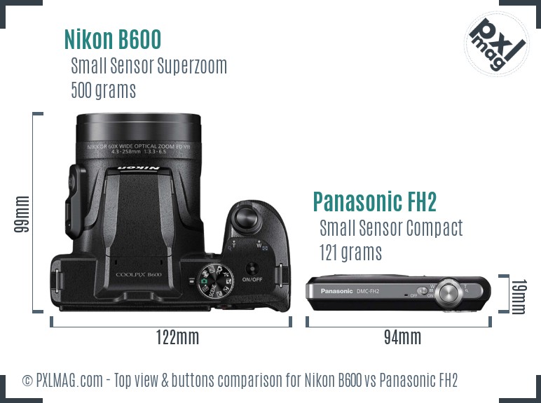 Nikon B600 vs Panasonic FH2 top view buttons comparison
