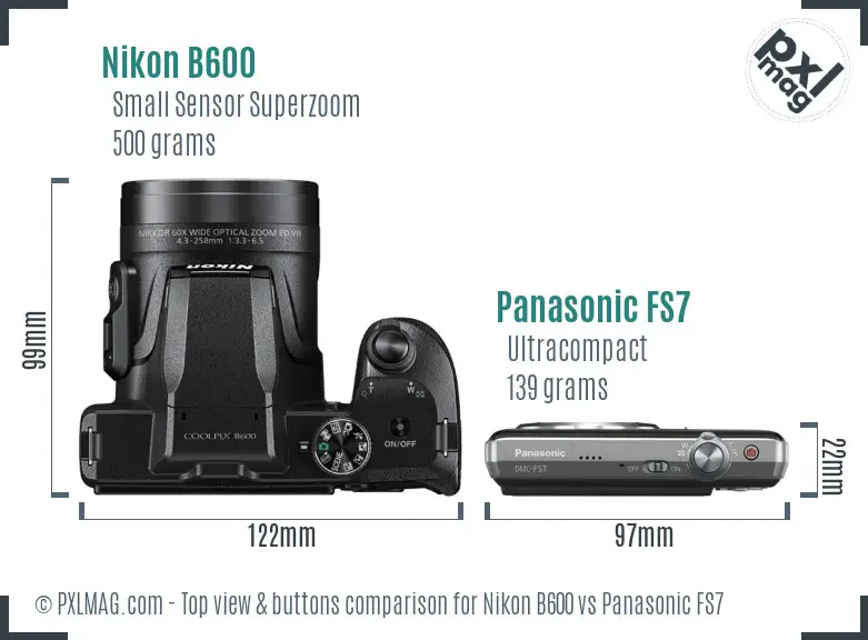 Nikon B600 vs Panasonic FS7 top view buttons comparison