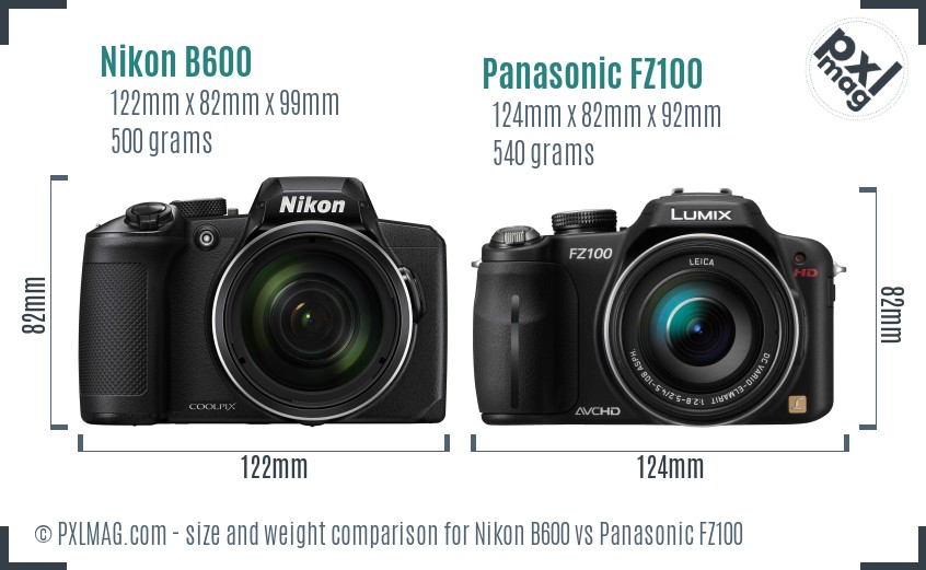 Nikon B600 vs Panasonic FZ100 size comparison