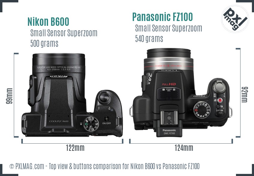 Nikon B600 vs Panasonic FZ100 top view buttons comparison