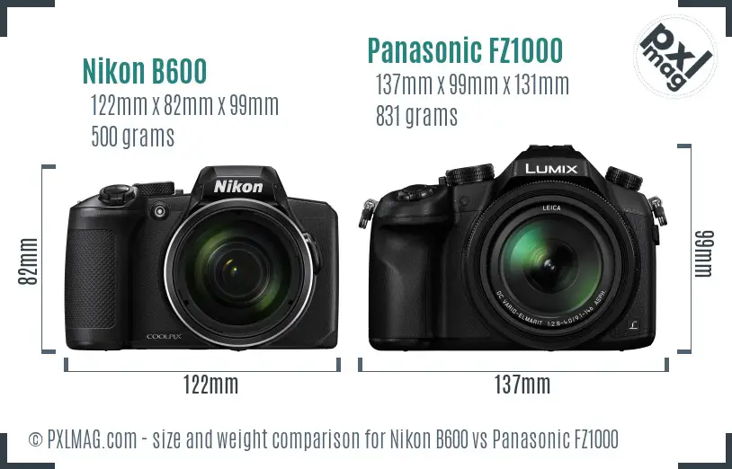 Nikon B600 vs Panasonic FZ1000 size comparison