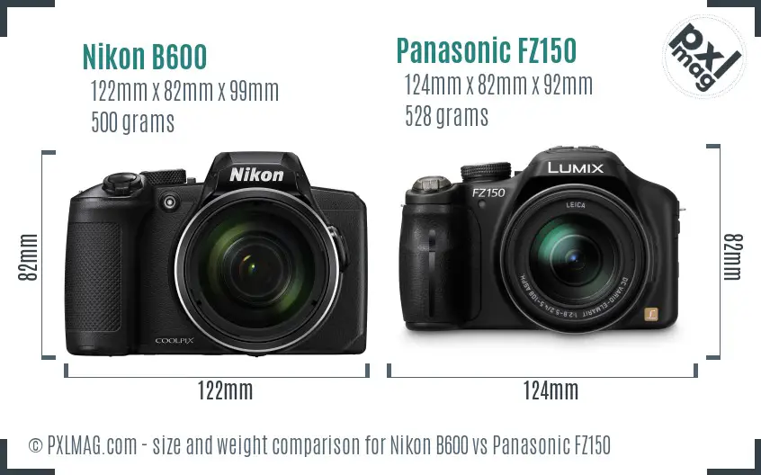 Nikon B600 vs Panasonic FZ150 size comparison