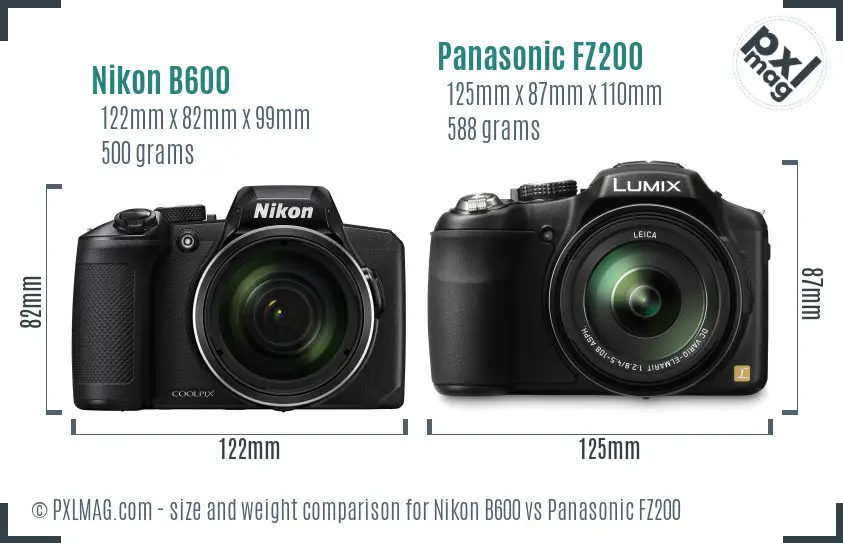 Nikon B600 vs Panasonic FZ200 size comparison