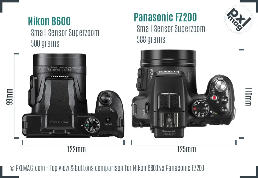 Nikon B600 vs Panasonic FZ200 top view buttons comparison