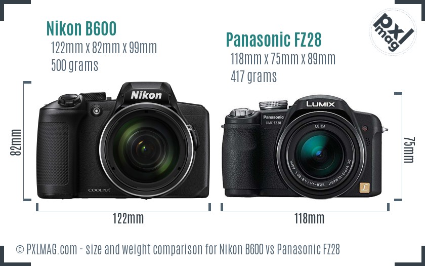 Nikon B600 vs Panasonic FZ28 size comparison