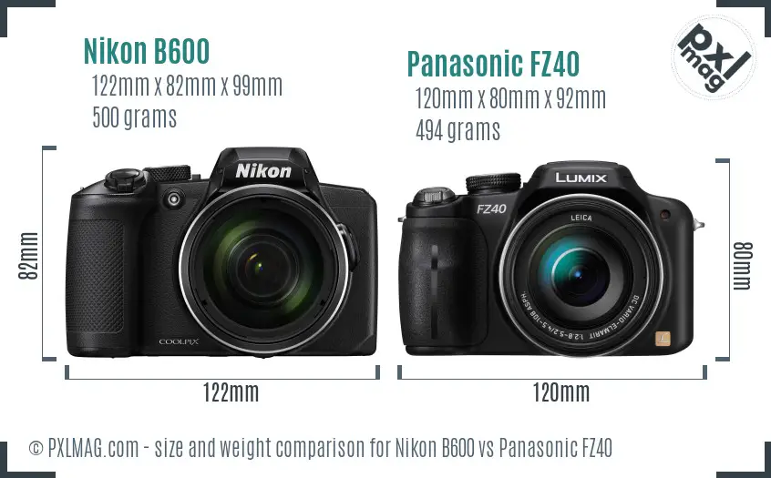 Nikon B600 vs Panasonic FZ40 size comparison