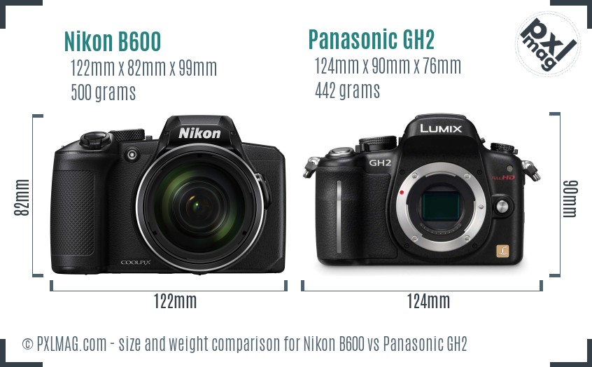 Nikon B600 vs Panasonic GH2 size comparison