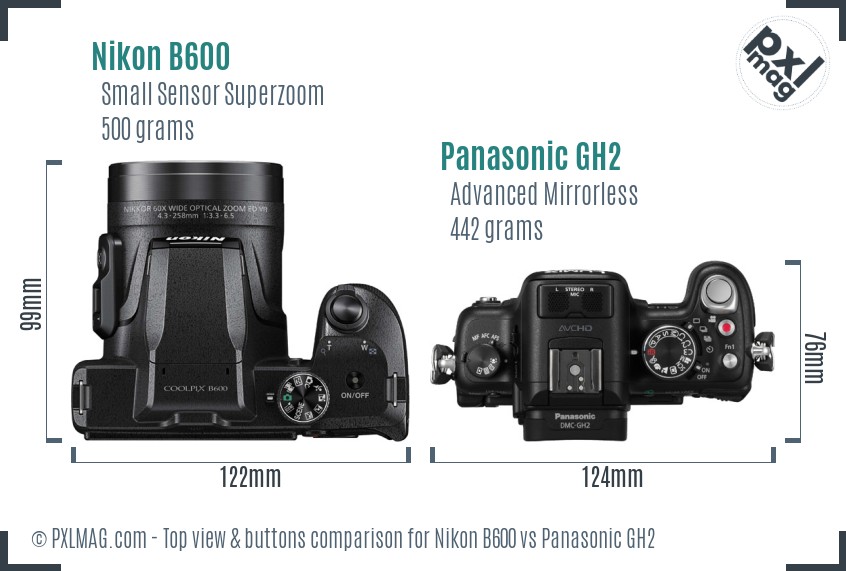 Nikon B600 vs Panasonic GH2 top view buttons comparison
