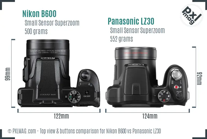 Nikon B600 vs Panasonic LZ30 top view buttons comparison