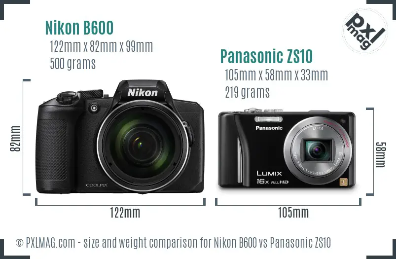 Nikon B600 vs Panasonic ZS10 size comparison