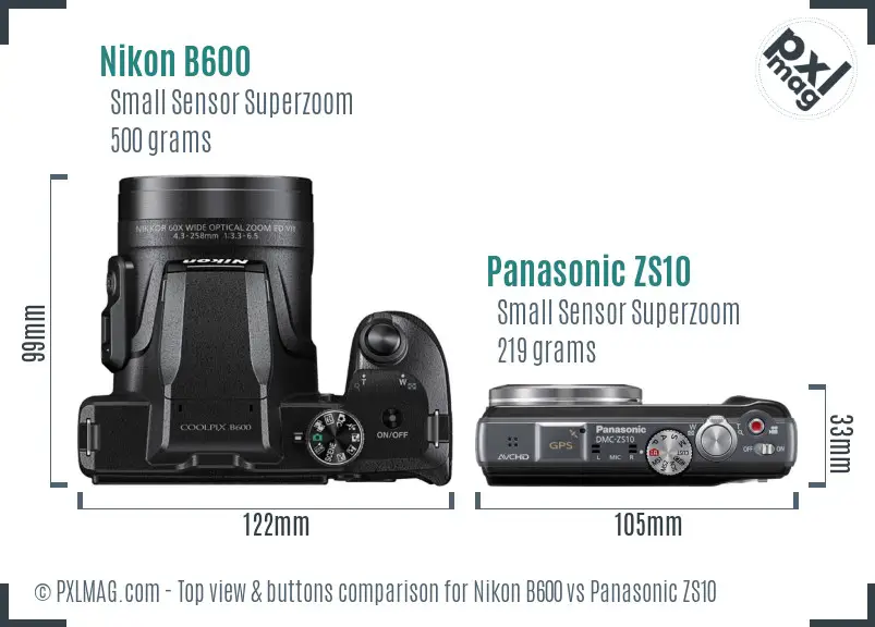 Nikon B600 vs Panasonic ZS10 top view buttons comparison