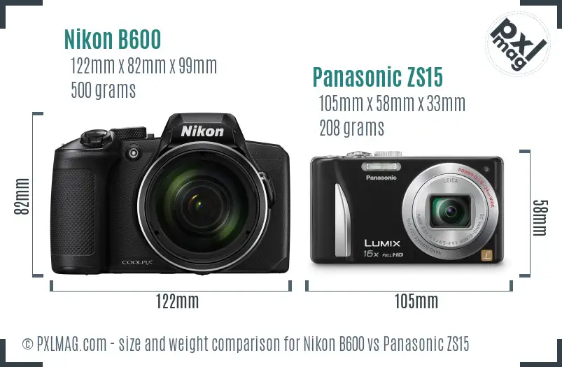 Nikon B600 vs Panasonic ZS15 size comparison