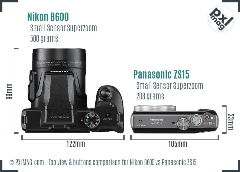 Nikon B600 vs Panasonic ZS15 top view buttons comparison