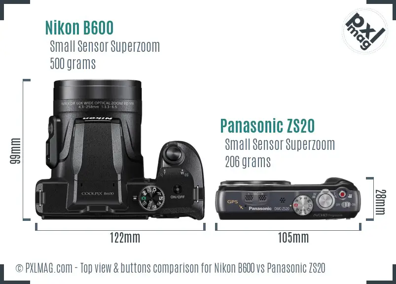 Nikon B600 vs Panasonic ZS20 top view buttons comparison Nikon B600 vs Panasonic ZS20 top view buttons comparison