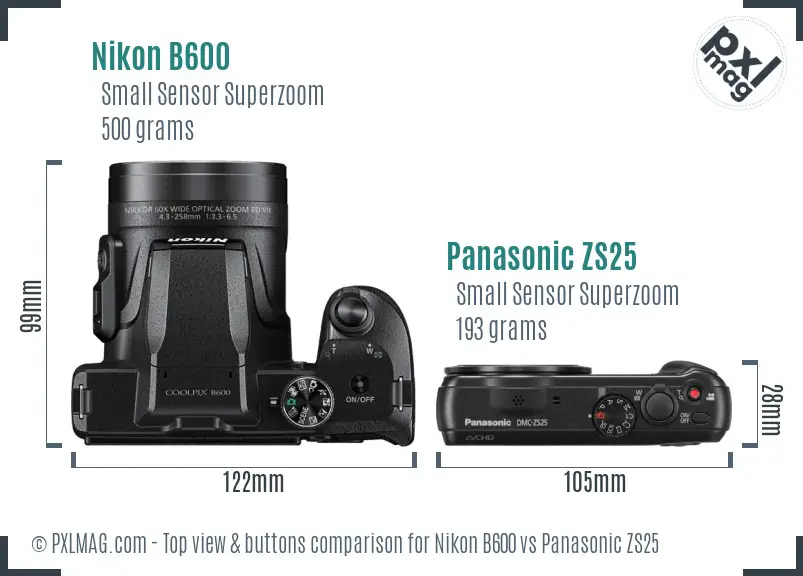 Nikon B600 vs Panasonic ZS25 top view buttons comparison Nikon B600 vs Panasonic ZS25 top view buttons comparison