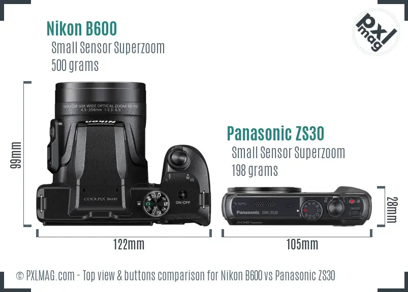 Nikon B600 vs Panasonic ZS30 top view buttons comparison