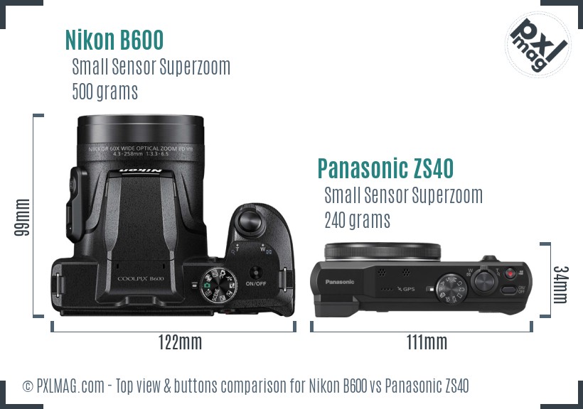 Nikon B600 vs Panasonic ZS40 top view buttons comparison