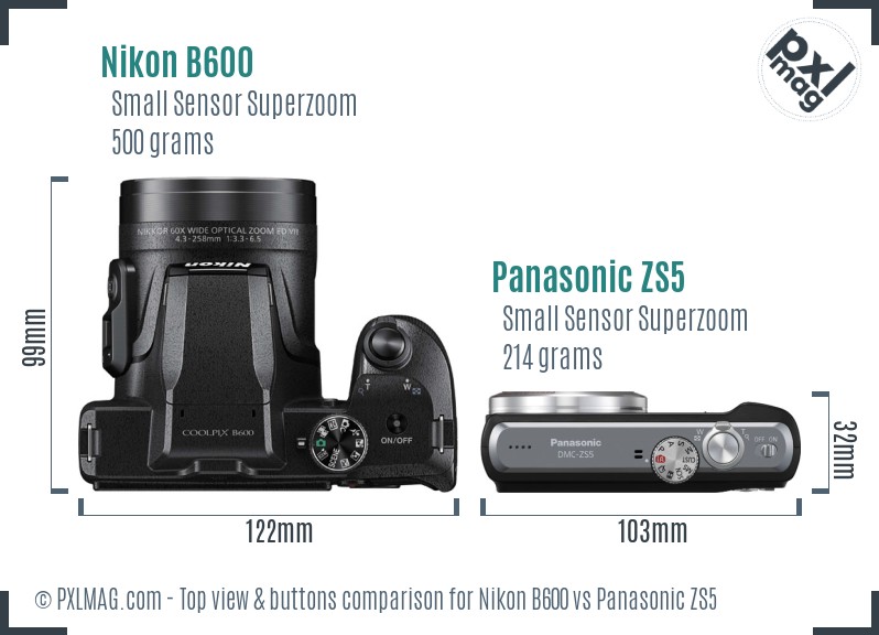 Nikon B600 vs Panasonic ZS5 top view buttons comparison